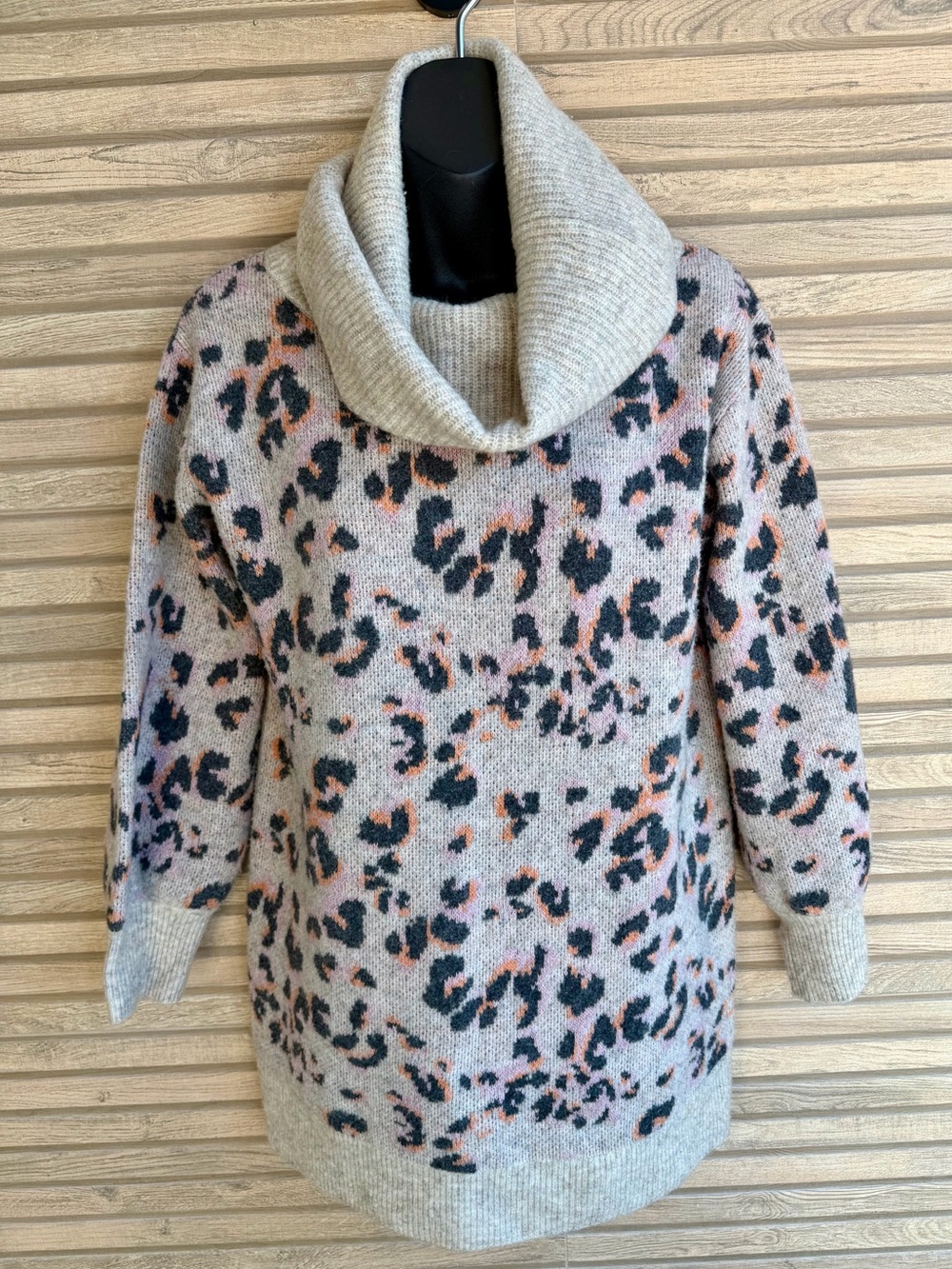 Anthropologie Leopard Cowl Neck Sweater Dress - Wool Yak Long Soft Cozy Muted S